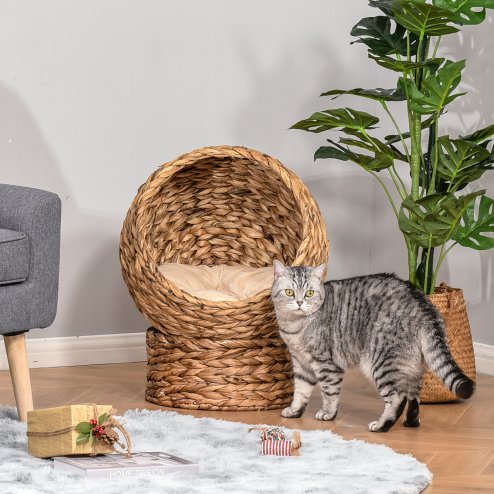 PawHut Wicker Cat House, Raised Cat Bed with Cylindrical Base, Soft Washable Cushion, Woven Water Hyacinth Cat Basket for Indoor and Outdoor, 42 x 33 x 52 cm - Brown