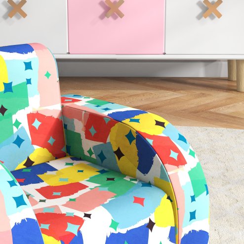 AIYAPLAY Kids Armchair, 2 in 1 Foldable Toddler Chair, Soft Snuggle Sponge Filled Recliner, for Bedroom Playroom Living Room, for Boys & Girls 18 Months to 3 Years - Multicoloured