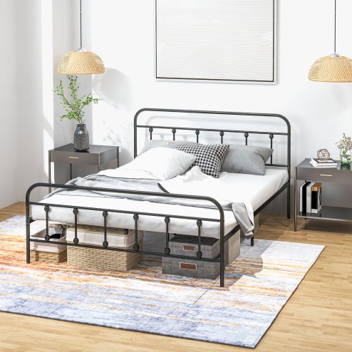 HOMCOM 4ft6 Double Bed Frame with Underbed Storage, Metal Platform Bed frame with Tall Headboard, Footboard and Steel Slat Support, No Box Spring Needed, Easy Assembly, Black