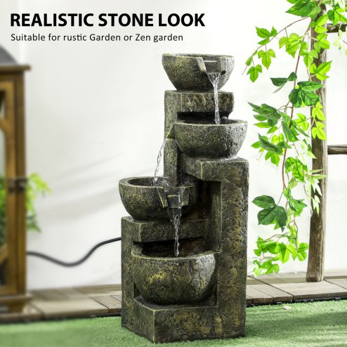 Outsunny Outdoor Garden Water Feature with 4-Tier Stacked Stone Look Bowls, Patio Cascading Waterfall Fountain, Adjustable Flow, Rustic Decor, Black and Yellow