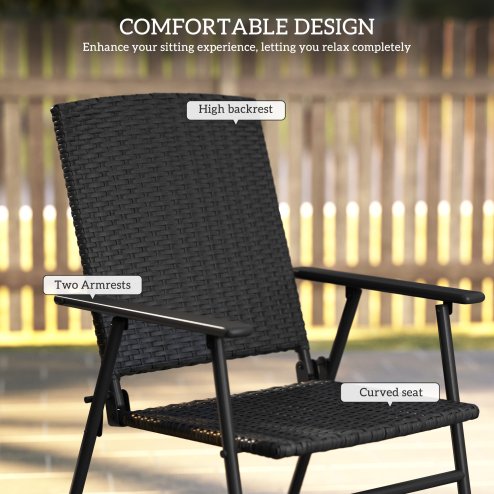 Outsunny Folding Garden Chairs Set of 2, PE Rattan Garden Dining Chairs with Armrests, High Back and Steel Frame, Weather Resistant Outdoor Dining Furniture for Patio, Balcony, Black
