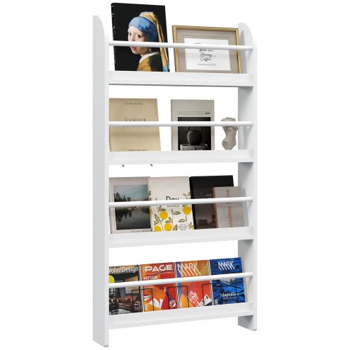 HOMCOM Hanging Wall File Holder, 4 Tier Desk Tidy Organiser, Paper Document Magazine Storage Rack with Wooden Baffles for Office Home, Accessories Supplies, White