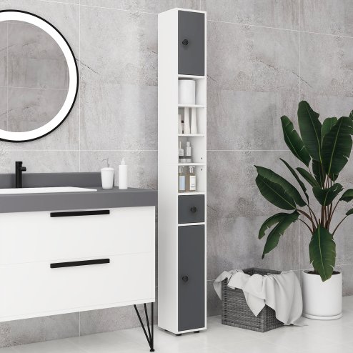 kleankin 180cm Tall Bathroom Cabinet, Slim Bathroom Storage Cabinet with 4 Open Shelves, 2 Door Cupboards and Adjustable Shelves