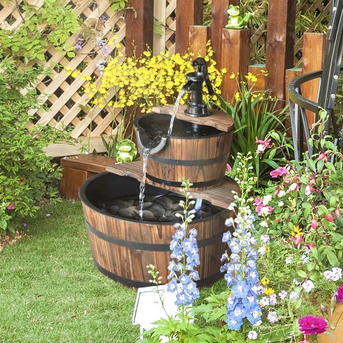 Outsunny Wooden 2-Tier Barrel Water Fountain with Pump Freestanding Cascading Feature Self Contained Water Pump Garden Decoration