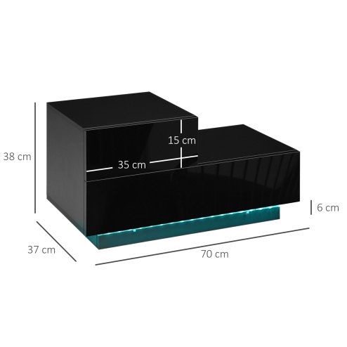 HOMCOM Bedside Table with LED Light, Nightstand with 2 Drawers and High Gloss Front, USB Powered Side Table with Remote for Bedroom, Living Room, Black