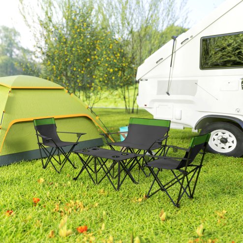 Outsunny 4 Piece Foldable Camping Table and Chairs Set, Portable Picnic Table with 3 Chairs, Cup Holders and Carrying Bag, Outdoor Lightweight Table Set for BBQ, Picnic, Parties, Olive Green
