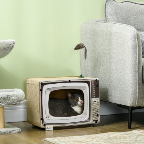 PawHut Cardboard Cat House with Scratcher, Catnip, TV-Shaped Cat Play House with Toy Mouse for Indoor Cats