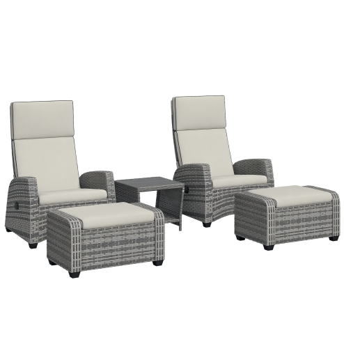 Outsunny 5 Pieces PE Rattan Garden Furniture Set, Wicker Outdoor Furniture Set with Reclining Chairs, Coffee Table, Footstools and Thick Cushions for Balcony, Patio, Grey
