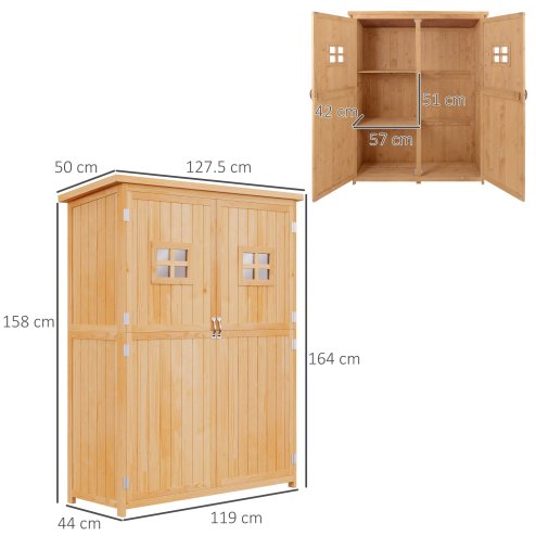 Outsunny Wooden Garden Shed with Two Windows, Tool Storage Cabinet, Outdoor Double Door Organizer 127.5L x 50W x 164H cm, Natural