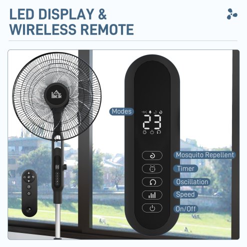 HOMCOM Quiet Pedestal Fan, 17.5 Inch Standing Fan with 28 Speeds, 3 Modes, 75 Degree Oscillation, 12-Hour Timer, Adjustable Height, Mosquito Repellent Function for Bedroom, Home Office, Black