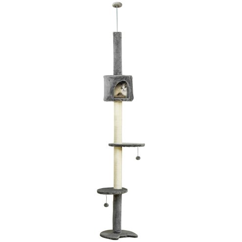 PawHut Floor to Ceiling Cat Tree for Indoor Cats, Kitten Tower, Condo, Multi-Layer Activity Center, Indoor Pet Play House with Solid Scratching Post Hanging Balls, Light Grey