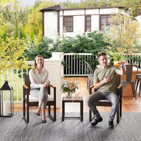 Outsunny 3-Piece Rattan Bistro Set, Patio Table and Chairs Set with Removable Cushions, Rattan Conversation Set with Acacia Wood Table & Adjustable Foot Pads for Garden Balcony, White