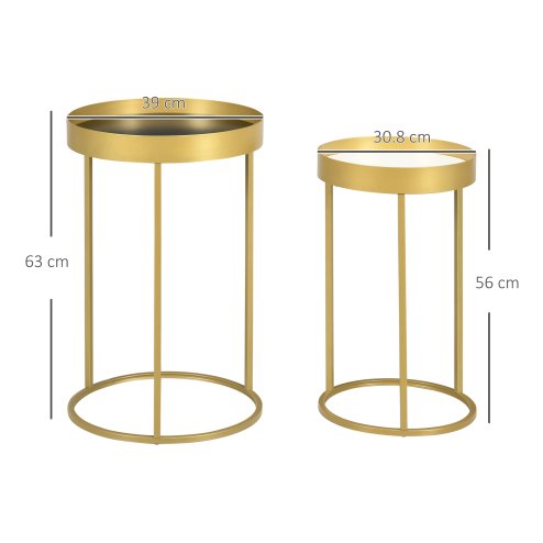 HOMCOM Nest of Tables, Round Coffee Table Set of 2, Nesting Tables with Embedded Tabletop and Metal Frame, Gold Side Table for Living Room, Bedroom