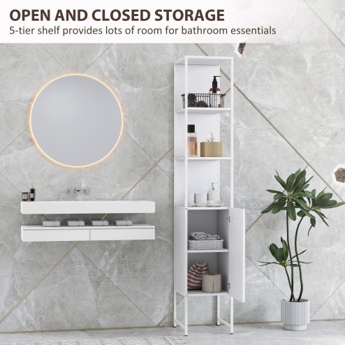 HOMCOM Tall Bathroom Cabinet, Slim Bathroom Storage Cabinet with 3 Open Shelves and Adjustable Shelf, Freestanding Storage Cupboard, 33 x 33 x 185 cm