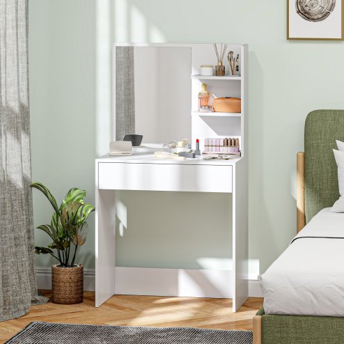 HOMCOM Dressing Table with Mirror, Modern Vanity Desk with Drawer and 3 Open Shelves, Makeup Desk for Bedroom, White