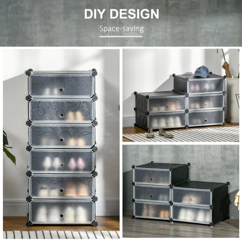 HOMCOM 6-Tier Shoe Rack Organiser, Stackable Storage Boxes with Doors, Shoe Storage Cabinet for Living Room, Entryway, Hallway, Black