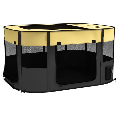 PawHut Dog Pen, Pet Playpen, Portable Foldable Dog Cat Playpen Soft Pet Cage with Storage Bag for Puppies, Rabbits, Kittens, Guinea Pigs, 114 x 89 x 59cm - Yellow