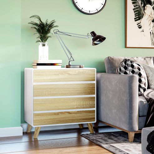 HOMCOM Chest of Drawers, 4-Drawer Storage Cabinet Organiser with Legs for Bedroom, Living Room, White and Oak