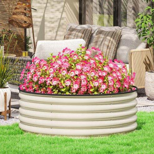 Outsunny Galvanised Raised Garden Bed with Safety Edging, Outdoor Raised Planter Box with Gloves and Open Bottom, Metal Raised Bed for Flowers, Vegetables and Herbs, 120 x 120 x 43cm, Cream White