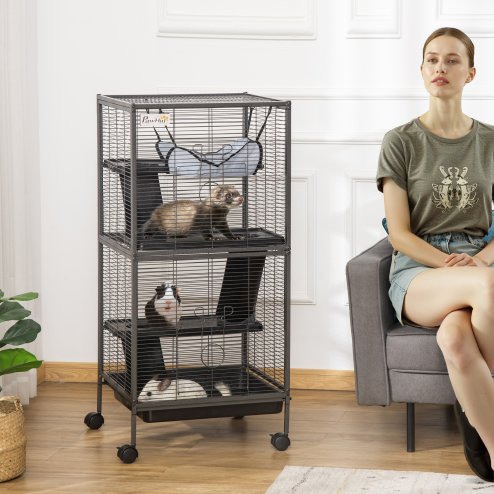 PawHut Small Animal Cage with Wheels Pet Home for Chinchillas Ferrets Kittens, with Hammock, 4 Platforms, Removable Tray, Silver