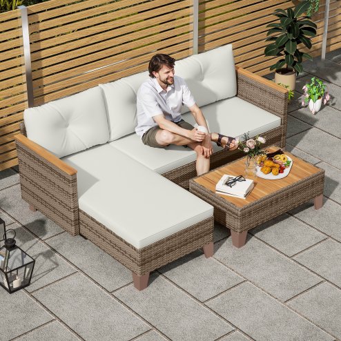 Outsunny 3 Pieces Rattan Garden Furniture Set, L Shaped Garden Conversation Chaise Lounge Furniture with Wood Top Coffee Table and Thick Cushions, Cream