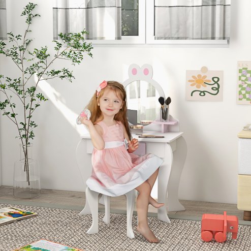 ZONEKIZ Kids Dressing Table with Mirror and Stool , Kids Vanity Table Girls Dressing Table with Drawer, Storage Shelf, Rabbit Design, for Ages 3-6 Years - White and Pink