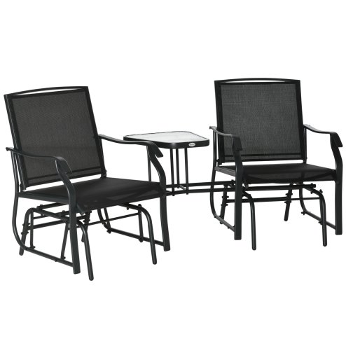 Outsunny Outdoor Double Glider Rocking Chairs with Glass Top Middle Table, Metal Gliding Love Seat Conversation Furniture with Breathable Mesh Fabric Seat, for Garden, Patio, Black