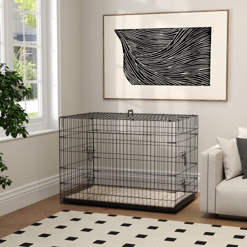 PawHut Dog Crate, Folding Metal Dog Cage with Two Doors, Tray, Soft Cushion, for Extra Large Dogs, 105 x 70 x 75 cm, Black