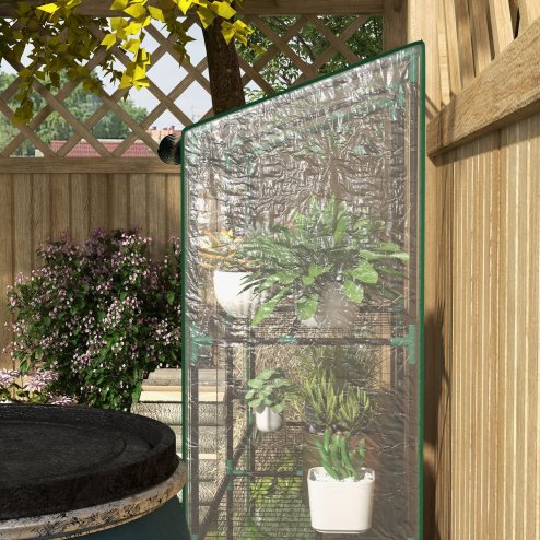 Outsunny 3 Tier Lean-to Mini Greenhouse with Reinforced Plastic Cover, Portable Indoor Outdoor Green House with 2 Roll-up Doors and 6 Wire Shelves, 151H x 143W x 46Dcm, Clear