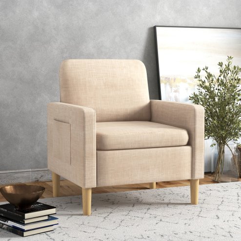 HOMCOM One Seater Sofa for Living Room, Modern Fabric Armchair with Wood Legs and 2 Pockets, Accent Chair for Bedroom and Home Office