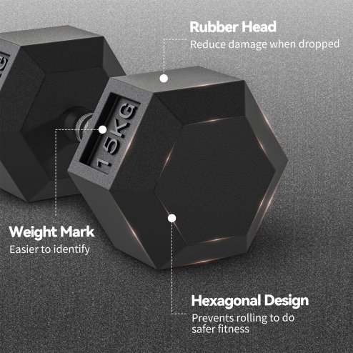 HOMCOM 2x15KG Rubber Hex Dumbbell Portable Hand Weights Dumbbell for Home Gym Workout Fitness