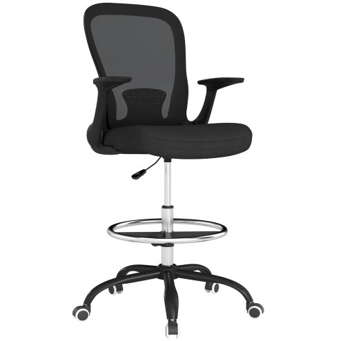 HOMCOM Drafting Chair, Swivel Draughtsman Chair, Ergonomic Office Chair, Mesh Standing Desk Chair with Flip-up Armrest, Lumbar Support, Adjustable Foot Ring, Black