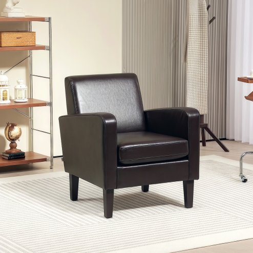 HOMCOM Modern Wingback Living Room Chair, Upholstered PU Leather Accent Armchair,  Single Sofa Chair with Lounge Seat and Wood Legs for Bedroom/Office/Reading Spaces, Brown