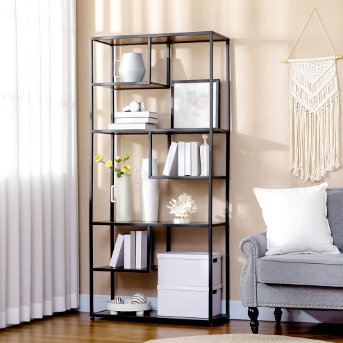 HOMCOM 6 Tier Bookcase, Industrial Display Shelf, Standing Storage Shelf, 34x83x180cm for Study, Office, Living Room, Bedroom, Rustic Brown and Black