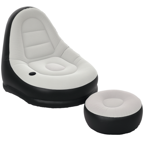 Outsunny Inflatable Chair and Footstool, Inflatable Sofa Lounger with Soft Plush Fabric and Cup Holder, for Camping, Gaming, Reading and Movie Watching, Grey