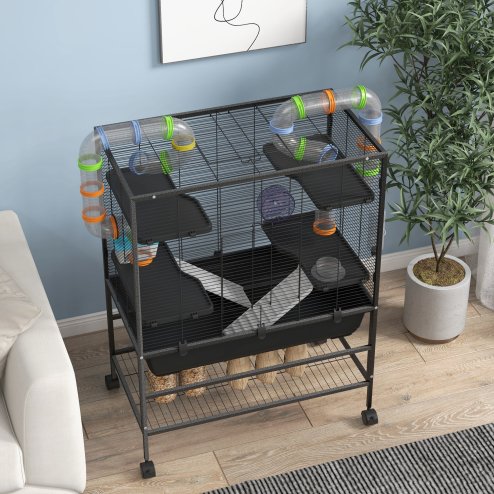 PawHut Large Hamster Cage, Gerbil Cage with Wheels, Tubes, Storage Shelf, Ramps, Running Wheel, Food Dish, Water Bottle, for Syrian Hamster - Black