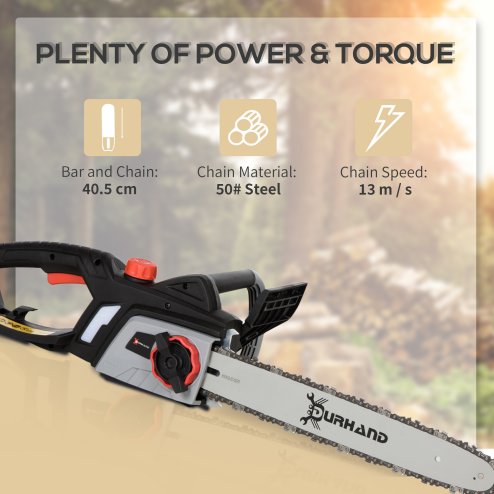 DURHAND 1600W Electric Chainsaw with 40cm Guide Bar, Power Saw to Cut Wood with Double Brake, Tool-Free Chain Tensioning and Chain