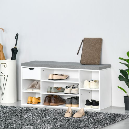 HOMCOM Shoe Bench with Seat Cushion Shoe Storage Cabinet with 7 Compartments Drawer Adjustable Shelves for Entryway Hallway Living Room