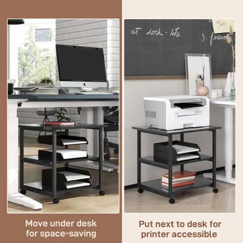 HOMCOM 3-Tier Printer Stand with Storage Shelf, Mobile Printer Table on Wheels, 50 x 50 x 52.5cm Rolling Printer Cart for Home Office, Black