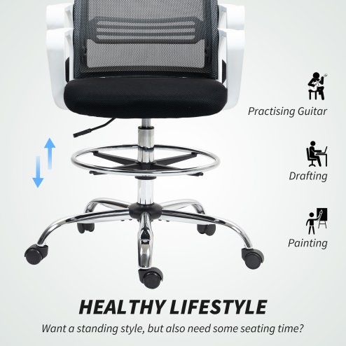 HOMCOM Drafting Chair, Swivel Draughtsman Chair, Ergonomic Office Chair, Mesh Standing Desk Chair with Lumbar Support, Adjustable Foot Ring, Adjustable Height, Black
