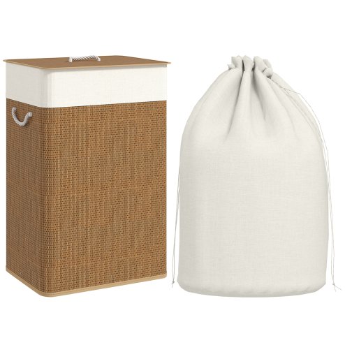 HOMCOM Bamboo Laundry Basket with Lid, 72L Laundry Hamper with Rope Handles, Washing Basket with Removable Washable Liner Bag for Bathroom, Bedroom, Brown