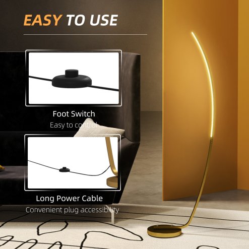 HOMCOM LED Floor Lamp with 3 Adjustable Brightness, Modern Dimmable Standing Lamp with Foot Switch for Bedroom, Living Room, Gold Tone