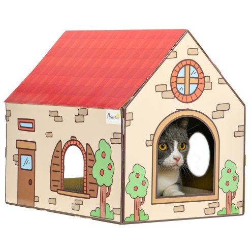 PawHut Cardboard Cat House with Scratcher, Catnip, Recyclable Corrugate Scratcher for Indoor Cats, Cat Scratching Board Pad,  42 x 30 x 37cm
