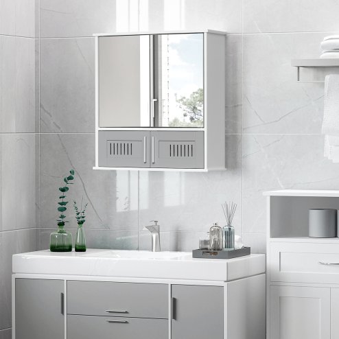 kleankin Bathroom Mirror Cabinet, Wall Mounted Storage Cupboard with Double Doors and Adjustable Shelf, Bathroom Organizer