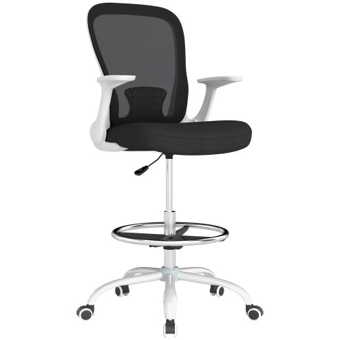 HOMCOM Drafting Chair, Swivel Draughtsman Chair, Ergonomic Office Chair, Mesh Standing Desk Chair with Flip-up Armrest, Lumbar Support, Adjustable Foot Ring, Black and White
