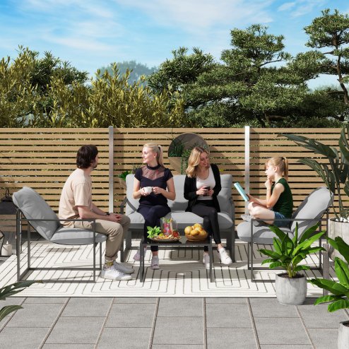 Outsunny 4 Piece Garden Sofa Set, 2 Single Armchair, Loveseat and Coffee Table Set with Steel Frame, Outdoor Furniture with Thick Cushions, Light Grey