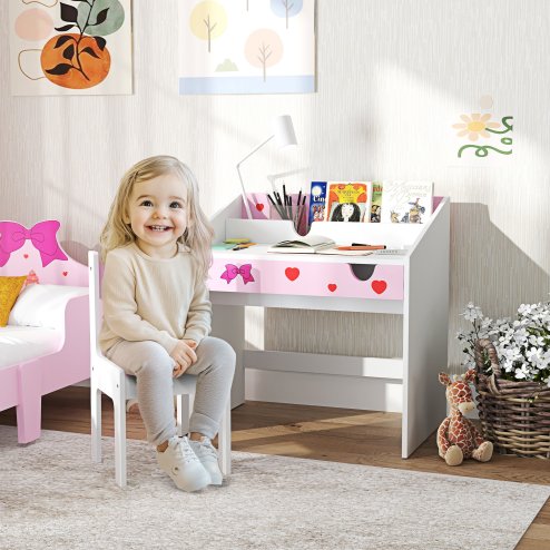 AIYAPLAY Kids Desk and Chair Set, Children Study Table and Chair with Storage, Pull-Out Drawer, Bow Pattern, for Bedroom, Playroom, Nursery, for Ages 3-6 Years, Pink
