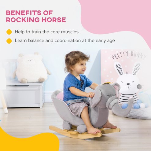 HOMCOM Baby Rocking Horse Plush Ride On Elephant Rocker with Sound Safety Belt Toddler Toy for 18 - 36 Months
