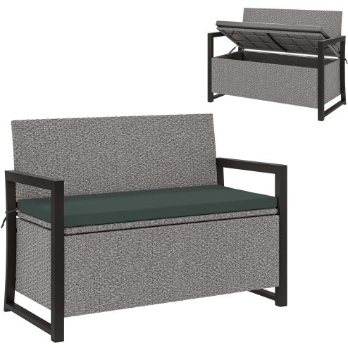 Outsunny Garden Storage Bench with 151.5L Capacity, Inner Bag, 2 Seater PE Rattan Outdoor Garden Bench with Storage, Cushion, Wicker Outdoor Bench Loveseat for Patio, Grey