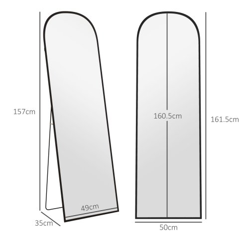 HOMCOM Full Length Mirror, 162x50cm Arched Free Standing Floor Mirror with Aluminium Alloy Frame, Hanging or Leaning for Living Room, Bedroom, Black Frame